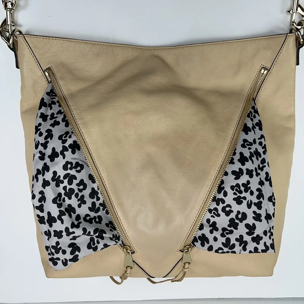 REBECCA MINKOFF Leather Hobo Bag Large Gold Zip Moto Shoulder Purse Tote Beige